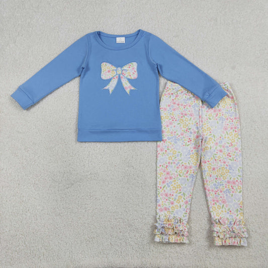 Baby Girls Kids Blue Long Sleeves Embroidery Bow Shirt Floral Ruffle Pants Set RTS