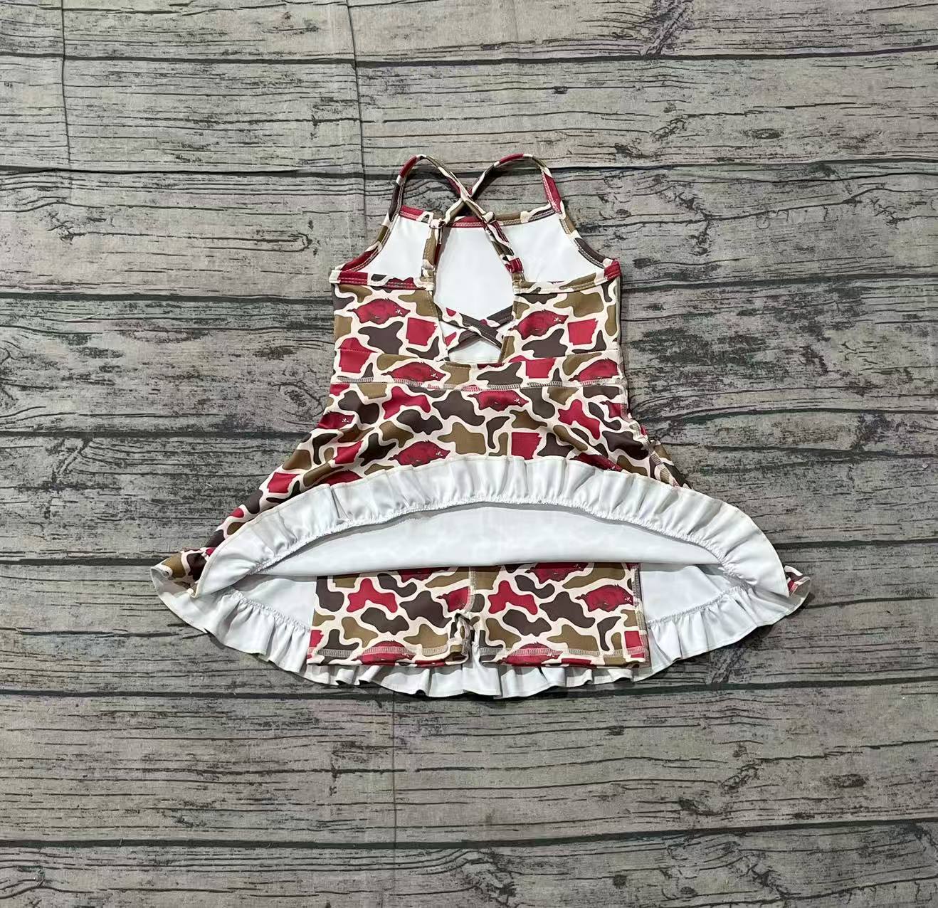 Baby Girls Kids Straps Pigs Camo Print Team Yoga Ruffle Knee Length Dress RTS