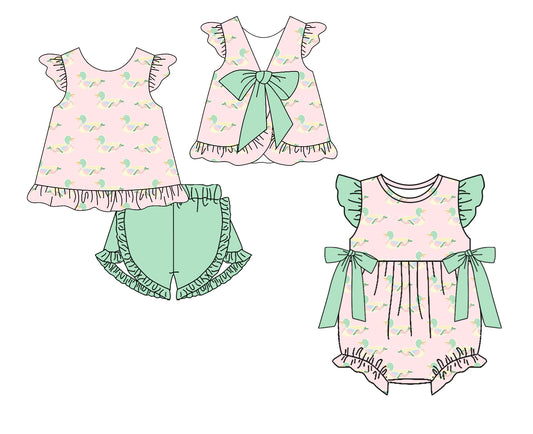 ( Moq 5 Each Style ) Baby Girls Kids Toddler Green Bows Ducks Sibling Summer Romper Set