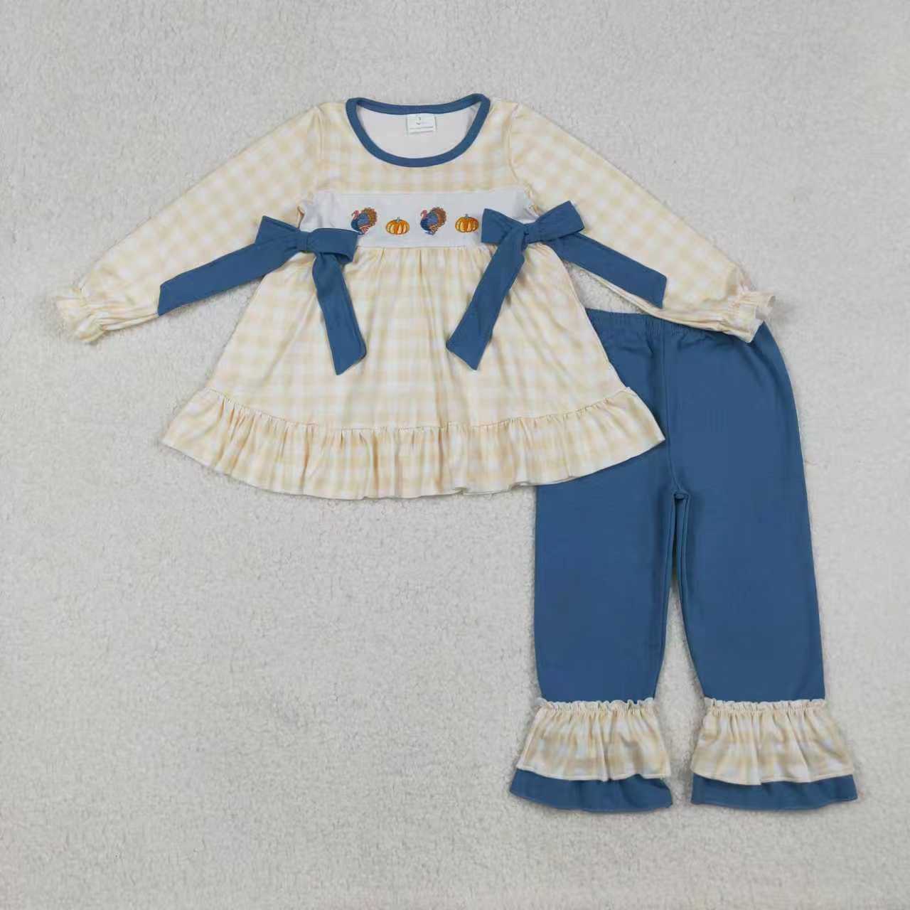 Sibling Baby Boys Girls Embroidery turkey Pumpkins Plaid Thanksgiving Fall Romper Set RTS