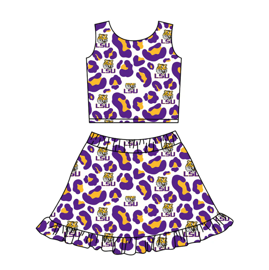 ( Moq 5 ) Baby Girls Kids Sleeveless Purple Leopard Tigers Football Tops Shorts Skirt Team Clothes Set