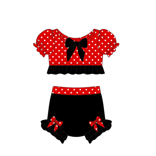 Baby Girl Short Sleeves Princess Bows Red Black Tops Shorts Swimsuit Bathing Suit ( Moq 5 )