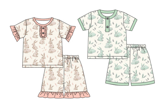 Baby Boy Girl Short Sleeves Easter Rabbits Sibling Pajamas Set ( Moq 5 Each Style ) 12.26