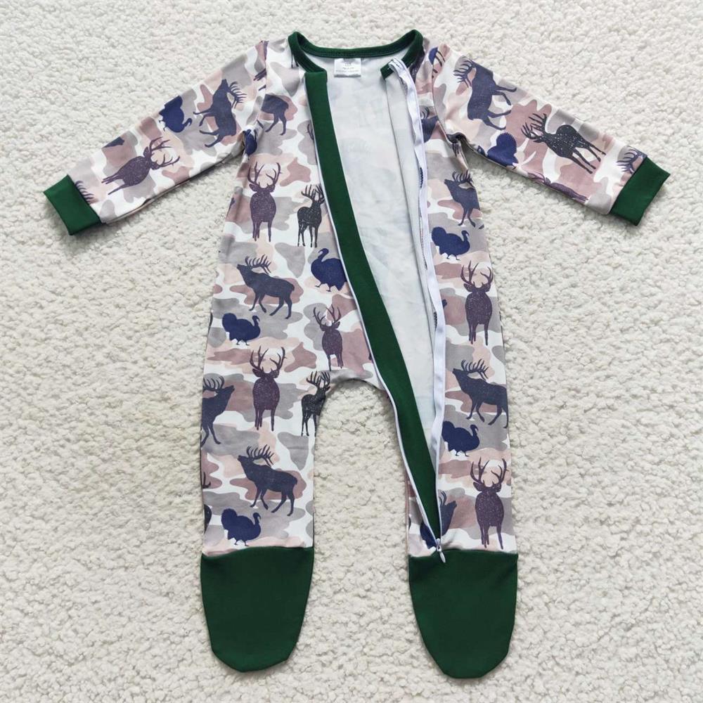 LR0519 Baby Boy Long Sleeves Zipper Camo Deer turkey Footie One Piece Romper