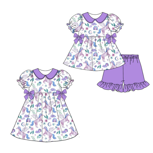 ( Moq 5 Each Style ) Baby Girl Short Sleeves Horse Flower Purple Bows Sibling Dress Set 3.29