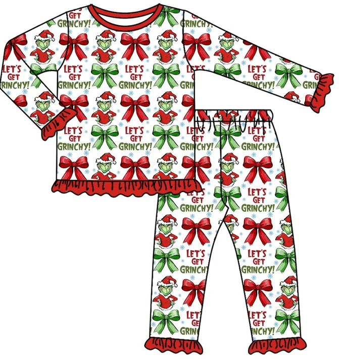 ( Moq 5 Each Style ) Baby Girl Toddler Green Face Bows Christmas Sibling Romper Dress Set