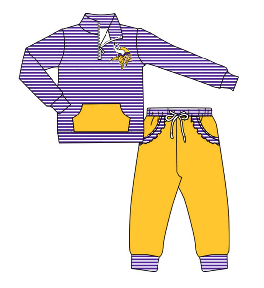 ( Moq 5 ) Baby Girls Toddler Purple Stripes Long Sleeves Tiger Zipper Pullover Pockets Pants Team Clothes Outfit