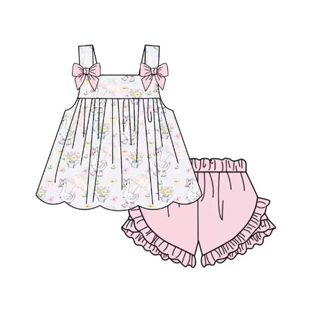 ( Moq 5 ) Preorder Baby Girls Kids Sleeveless Goose Flower Bows Tops Pink Shorts Set Clothes