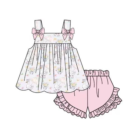 ( Moq 5 ) Preorder Baby Girls Kids Sleeveless Goose Flower Bows Tops Pink Shorts Set Clothes