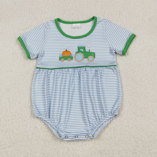 Baby Boy Short Sleeves Embroidery Pumpkin Tractor Stripes Bubble Romper RTS