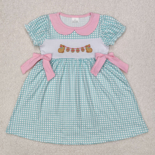 Baby Girl Kids Embroidery Easter Rabbits Eggs Green Plaid Knee Length Dress RTS