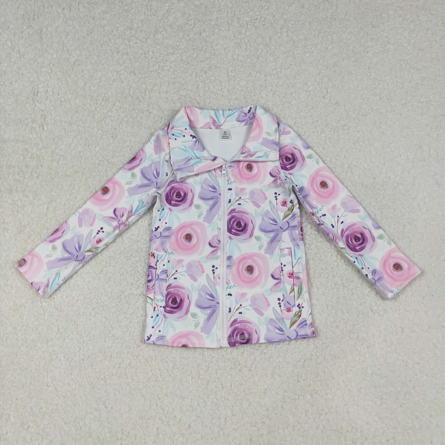 Baby Girl Long Sleeves Purple Flower Bows Pockets Yoga Active Zipper Shirt Tops RTS