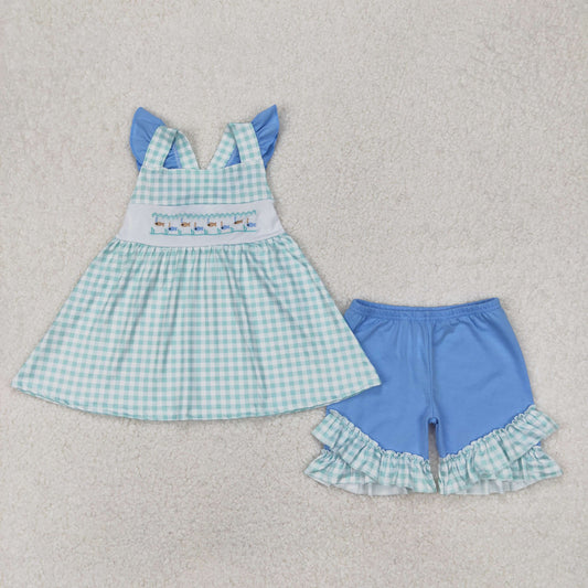 Baby Girl Short Sleeves Embroidery Fish Tunic Ruffle Shorts Clothes Set RTS