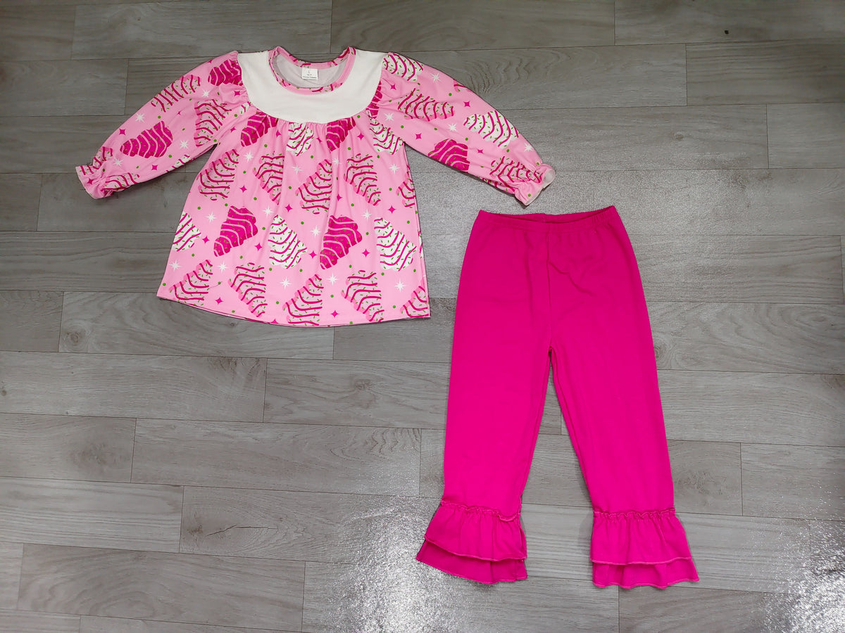( No moq ) Preorder Baby Girl Long Sleeves Cake Trees Tunic Pink Ruffle Pants Christmas Set