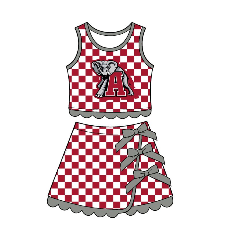( Moq 5 ) Preorder Baby Girls Kids Elephant Checked Shirt Scallop Bows Skirt Shorts Team Set Yoga Active Clothes