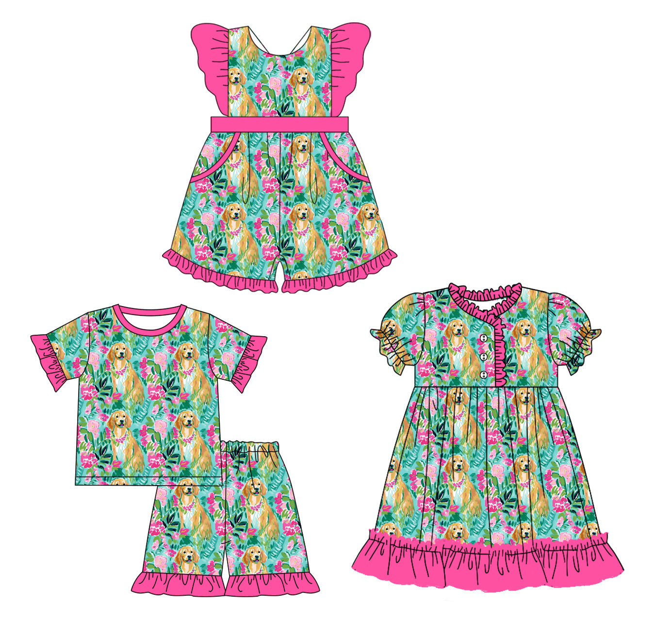 Baby Girl Short Sleeves Dogs Flower Sibling Dress Jumpsuit Set ( Moq 5 Each Design ) 12.9