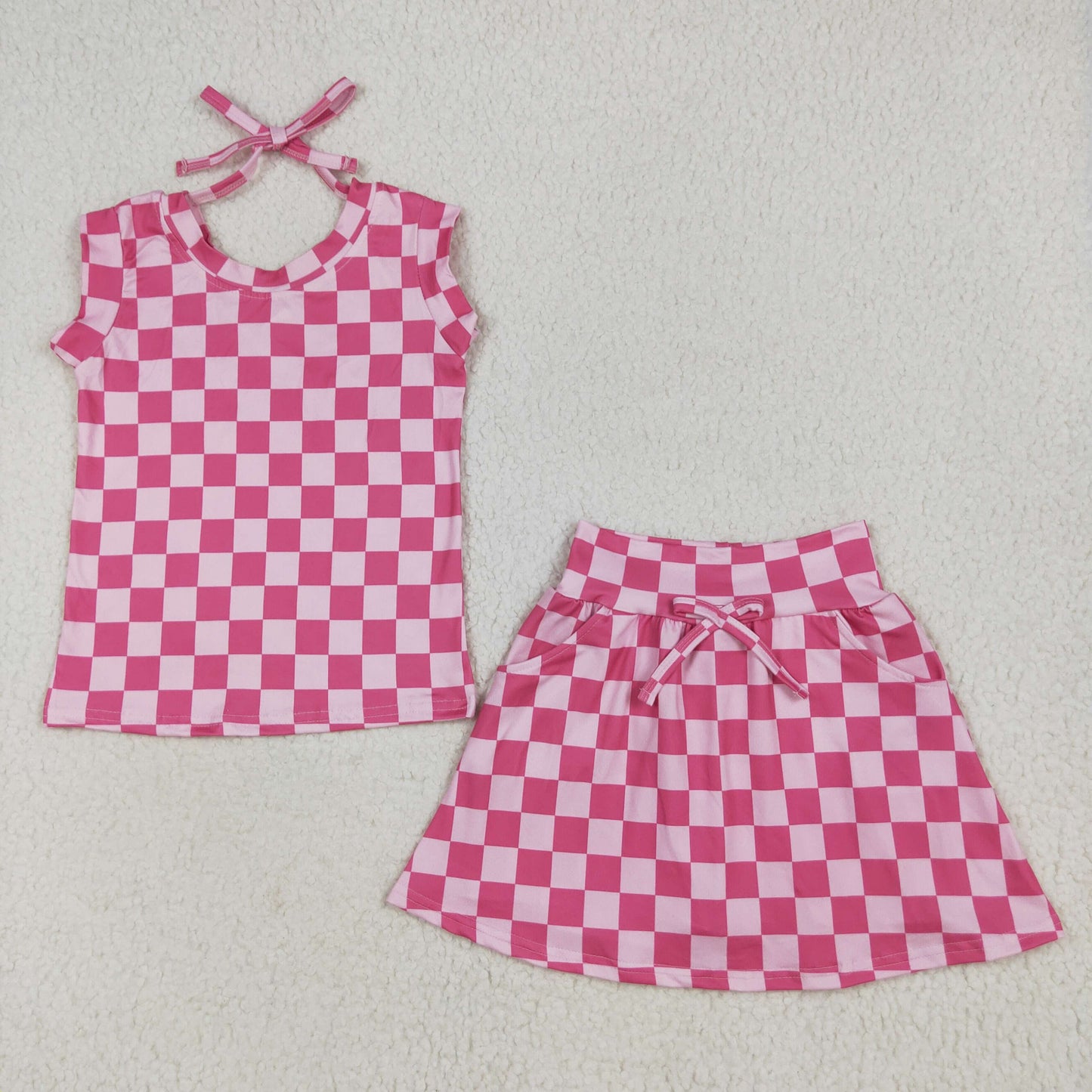 Baby Girl Sleeveless Pink Checked Tops Pockets Shorts Skirt Skort Set RTS