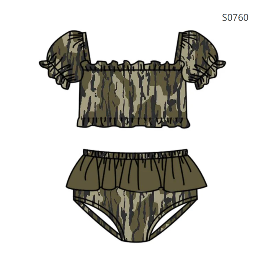 ( Moq 5 ) Preorder Baby Girls Kids Short Sleeves Camo Tops Brown Ruffle Shorts Set Swimsuit