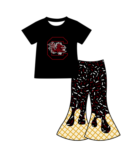 ( Moq 5 ) Baby Girls Short Sleeves Black Shirt Drip Sprinkles Bell Pants Team Clothes Set