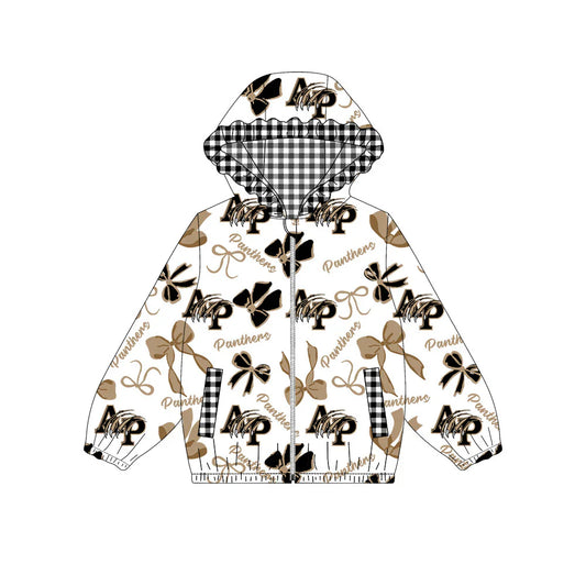 ( Moq 5 ) Baby Girls Kids Long Sleeves Bows Cheer Pockets Plaid Hoodie Zipper Team Jacket Tops