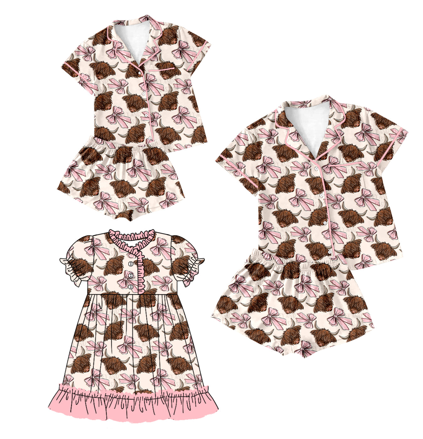 Baby Girl Adult Women Bows Cow Sibling Dress Pajamas Set ( Moq 5 Each Style ) 1.17