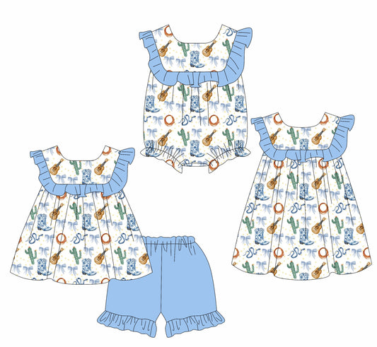 Baby Girl Western Boots Cactus Guitar Blue Bows Sibling Romper Dress Set ( Moq 5 Each Style ) 2.8