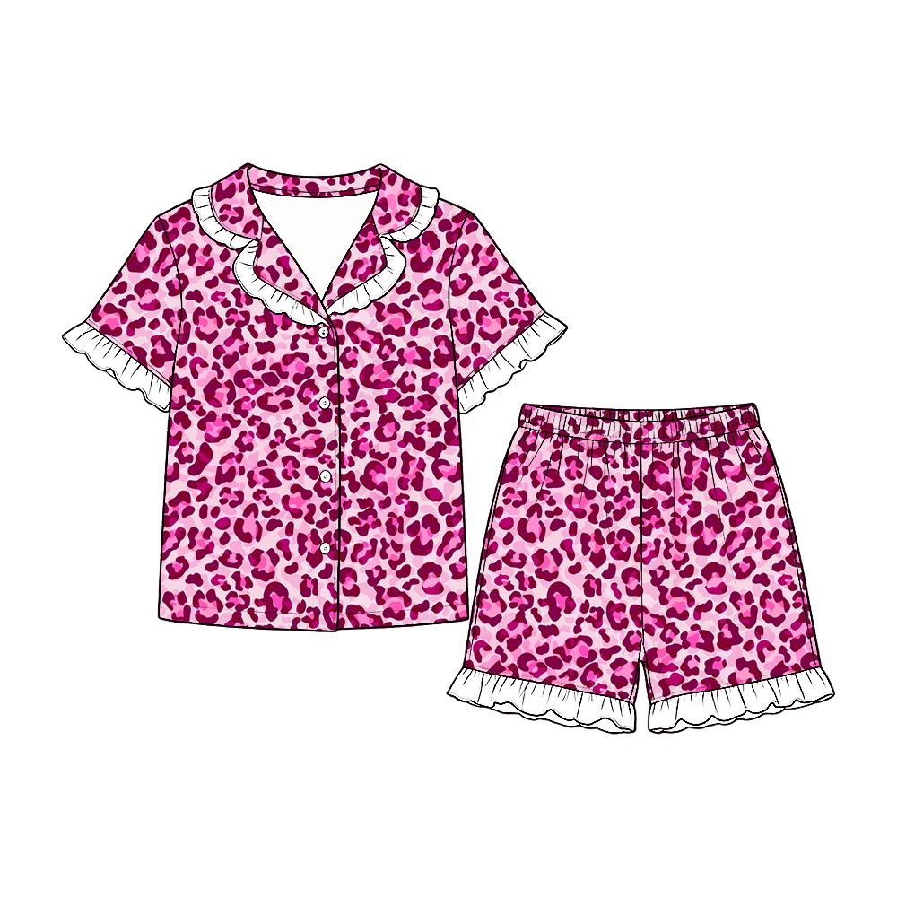 ( Moq 5 ) Preorder Baby Girls Kids Short Sleeves Pink Leopard Buttons Shirt Shorts Set Pajamas Clothes