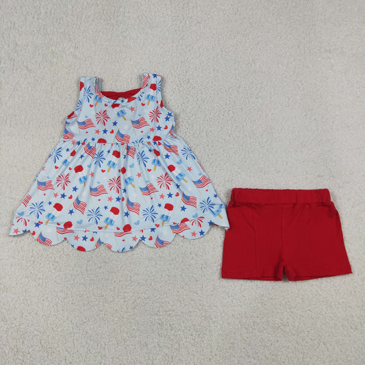 Baby Girls Kids Sleeveless Popsicle Flags Tops Red Shorts 4th of July Set RTS