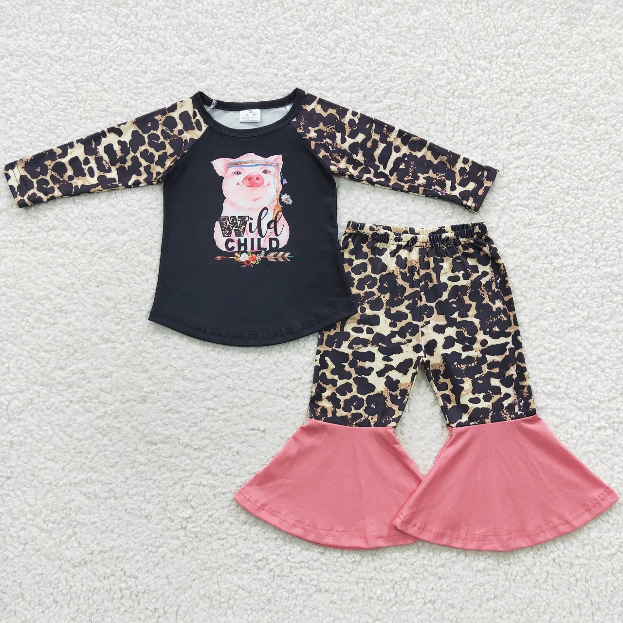Promotion Baby Girl Long Sleeves Pig Shirt Leopard Bell Pants Outfit
