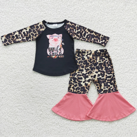 Promotion Baby Girl Long Sleeves Pig Shirt Leopard Bell Pants Outfit