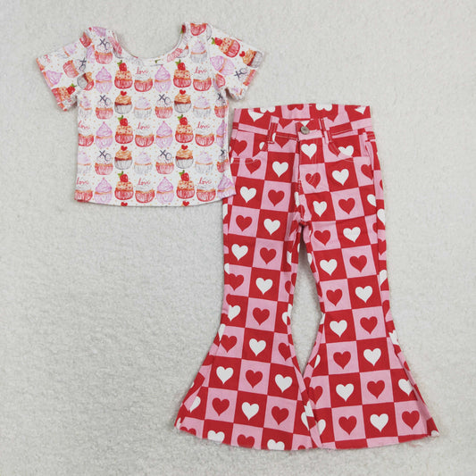 GSPO1362 Baby Girl Short Sleeves Cake Shirt Hearts Denim Bell Pants Valentine's Day Set