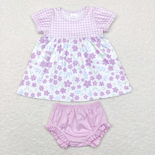 GBO0214 Baby Girl Short Sleeves Floral Tunic Purple Bummie Shorts Outfit