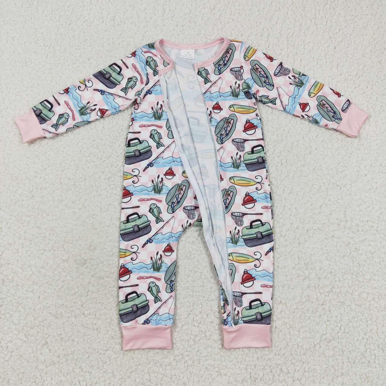 LR0322 Baby Girl Long Sleeves Zip Fishing Pink One Piece Romper