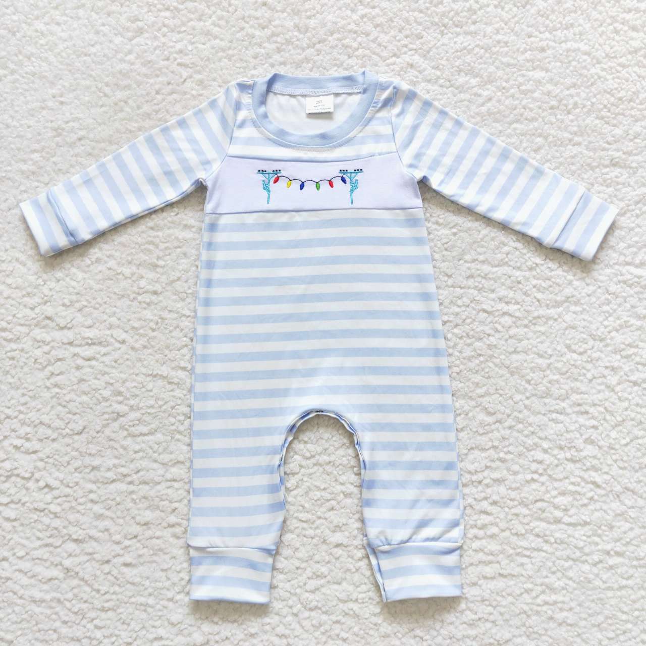 LR0582 Baby Girl Embroidery Christmas Lights Long Sleeves Pink Stripes One Piece Romper
