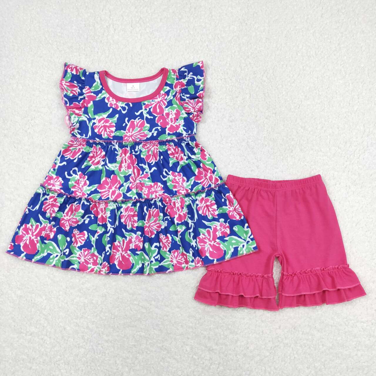 Baby Girl Short Sleeves Floral Tunic Pink Cotton Ruffle Shorts Set