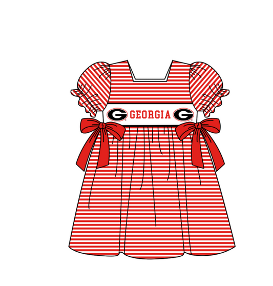 ( Moq 5 ) Baby Girls Toddler Short Sleeves Red Bows Stripes Knee Length Dress