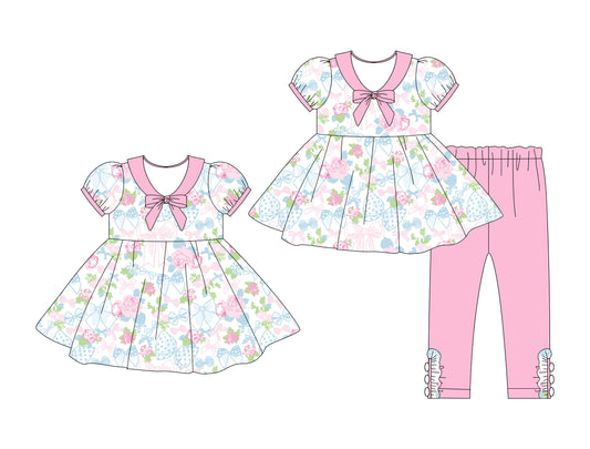 ( Moq 5 Each Style ) Girls Toddler Short Sleeves Flower Bows Easter Sibling Dress Set