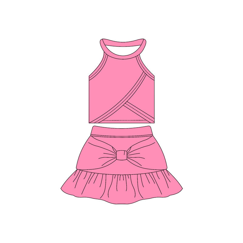 ( Moq 10 ) Baby Girl Pink Sleeveless Vest Bow Ruffle Shorts Skirts Activity Wear Yoga Set