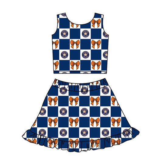 ( Moq 5 Each Style ) Baby Girls Kids Toddler Bows Blue Plaid Tops Shorts Ruffle Skirt Team Set