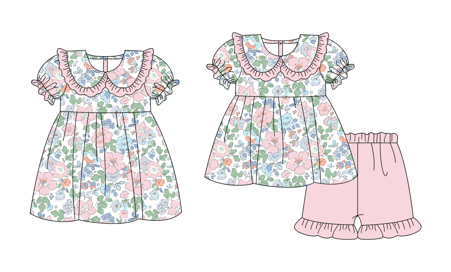 ( Moq 5 Each Style ) Baby Girls Kids Short Sleeves Pink Flower Sibling Summer Dress Set