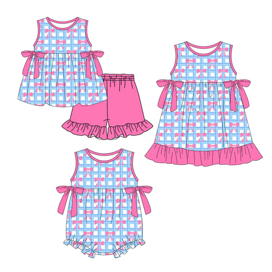 ( Moq 5 Each Style ) Sibling Baby Girls Kids Bows Plaid Romper Dress Set Summer Clothes