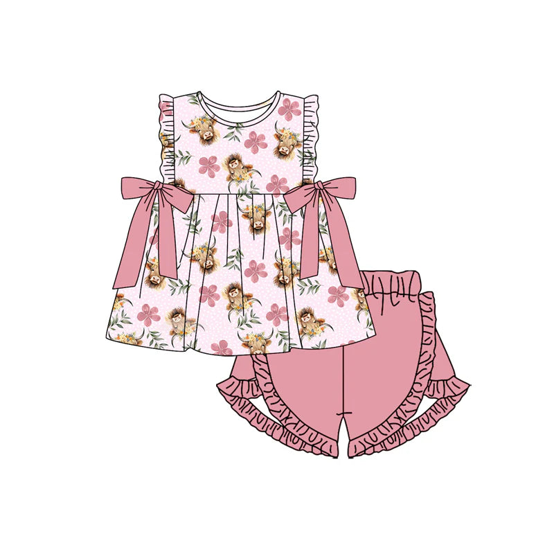 Baby Girl Sleeveless Highland Cows Flower Tunic Pink Ruffle Shorts Set ( Moq 5 )