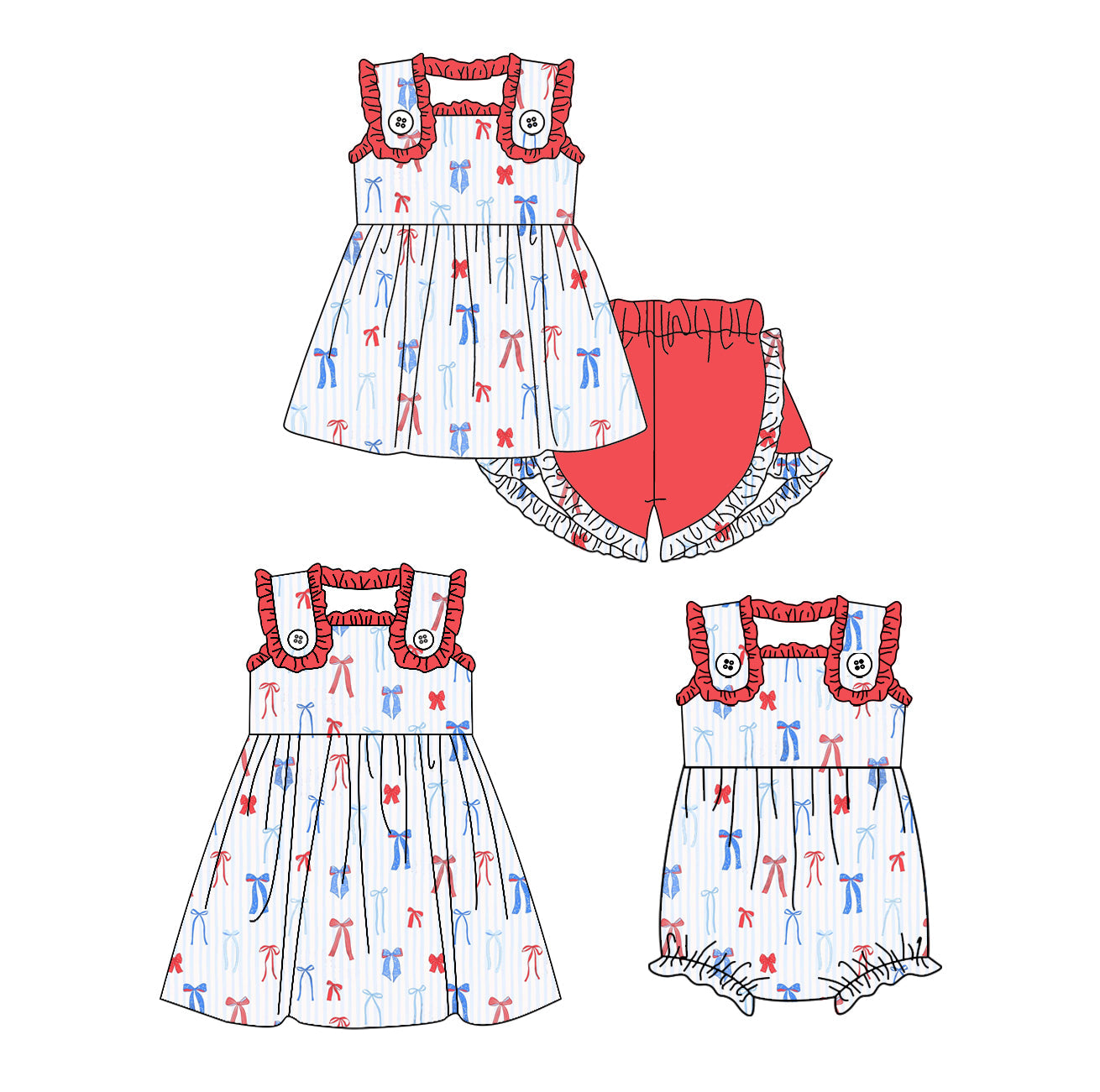 ( Moq 5 Each Style ) Baby Girl 4th Of July Bows Stripes Sibling Romper Dress Set 3.27