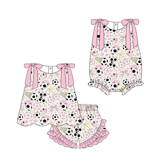 ( Moq 5 Each Style ) Sibling Baby Girls Kids Sleeveless Soccer Bows Tops Shorts Summer Set Romper