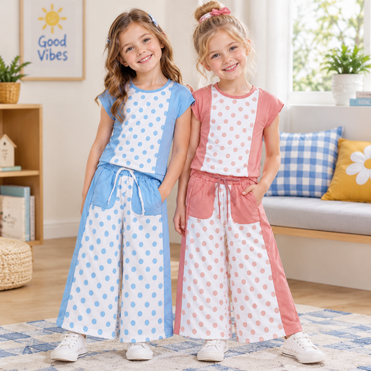 Sibling Baby Girl Kids Short Sleeves Dots Shirts Pockets Pants Sets Yoga Active Clothes RTS