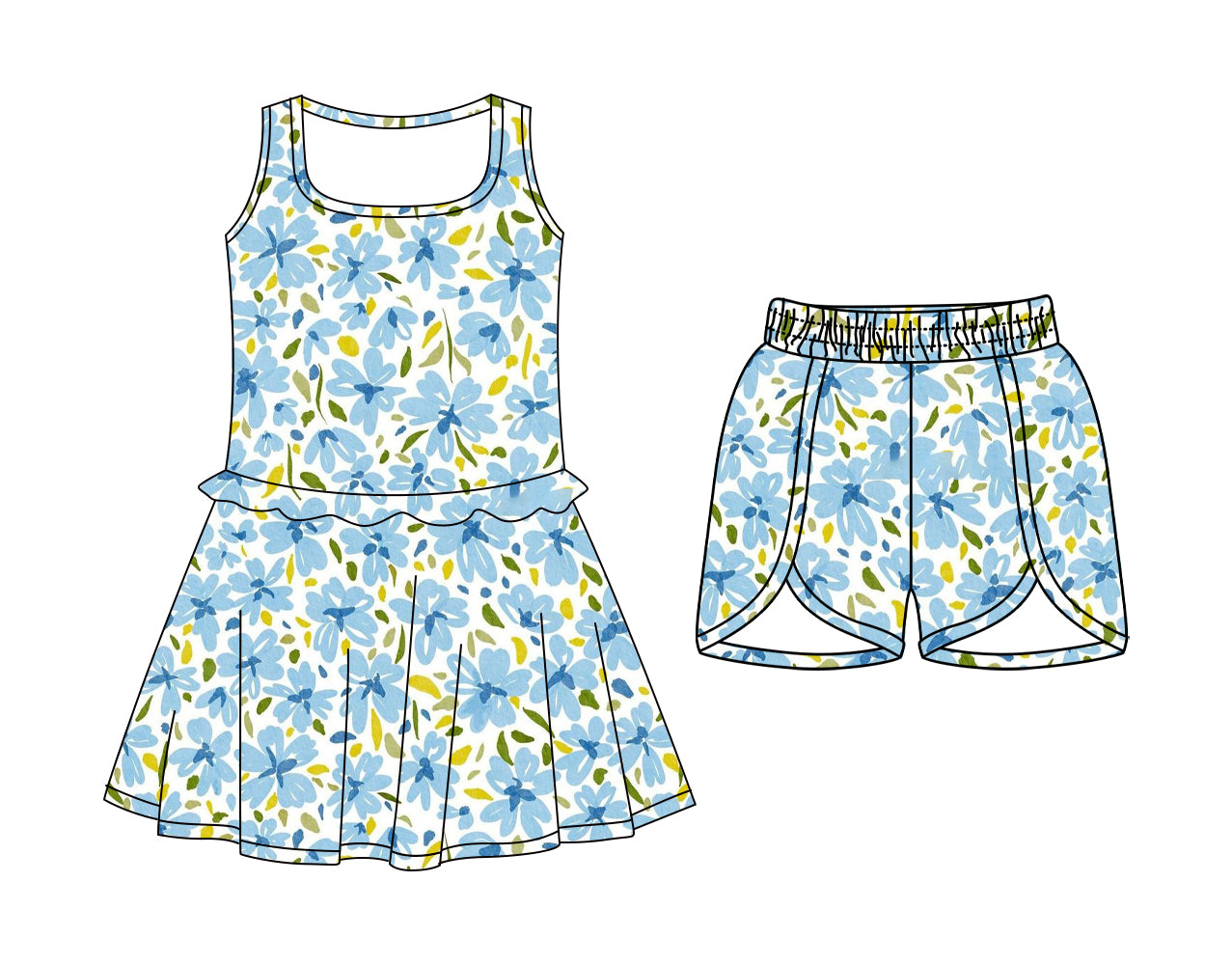 ( Moq 5 Each Style ) Sibling Baby Girls Toddler Blue Flower Ruffle Dress Shorts Summer Clothes