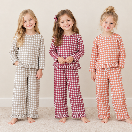 Sibling Baby Girls Kids Long Sleeves Plaid Shirts Pockets Pants Sets Clothes RTS