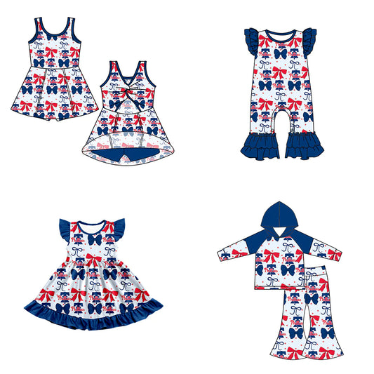 ( Moq 5 each style ) Baby Girl Toddler Team Red Blue Bows Sibling Romper Dress Set 6.16