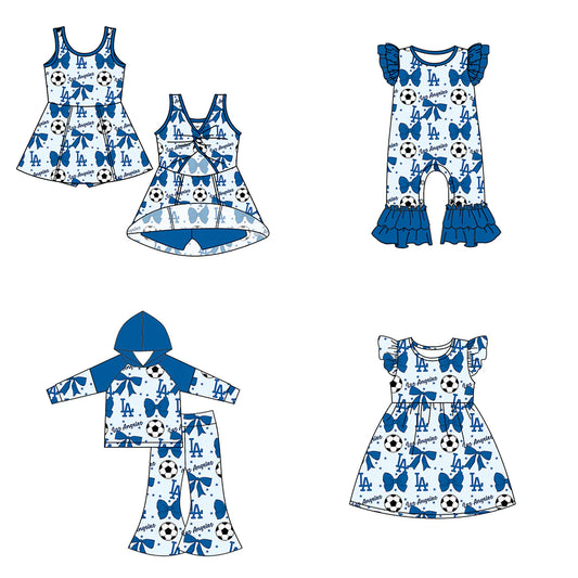 ( Moq 5 each style ) Baby Girl Toddler Team Blue Bows Soccer Sibling Romper Dress Set 6.14