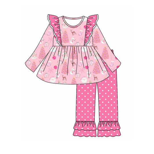 Baby Girl Long Sleeves Christmas Gingerbread Tree Tops Pants Pink Set